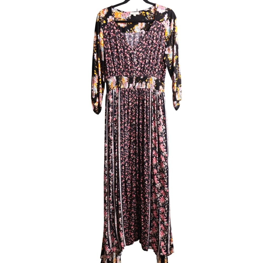 ODDI Mixed Floral Print Maxi Dress Black Pink Yellow V-Neck Smocked Waist L Boho